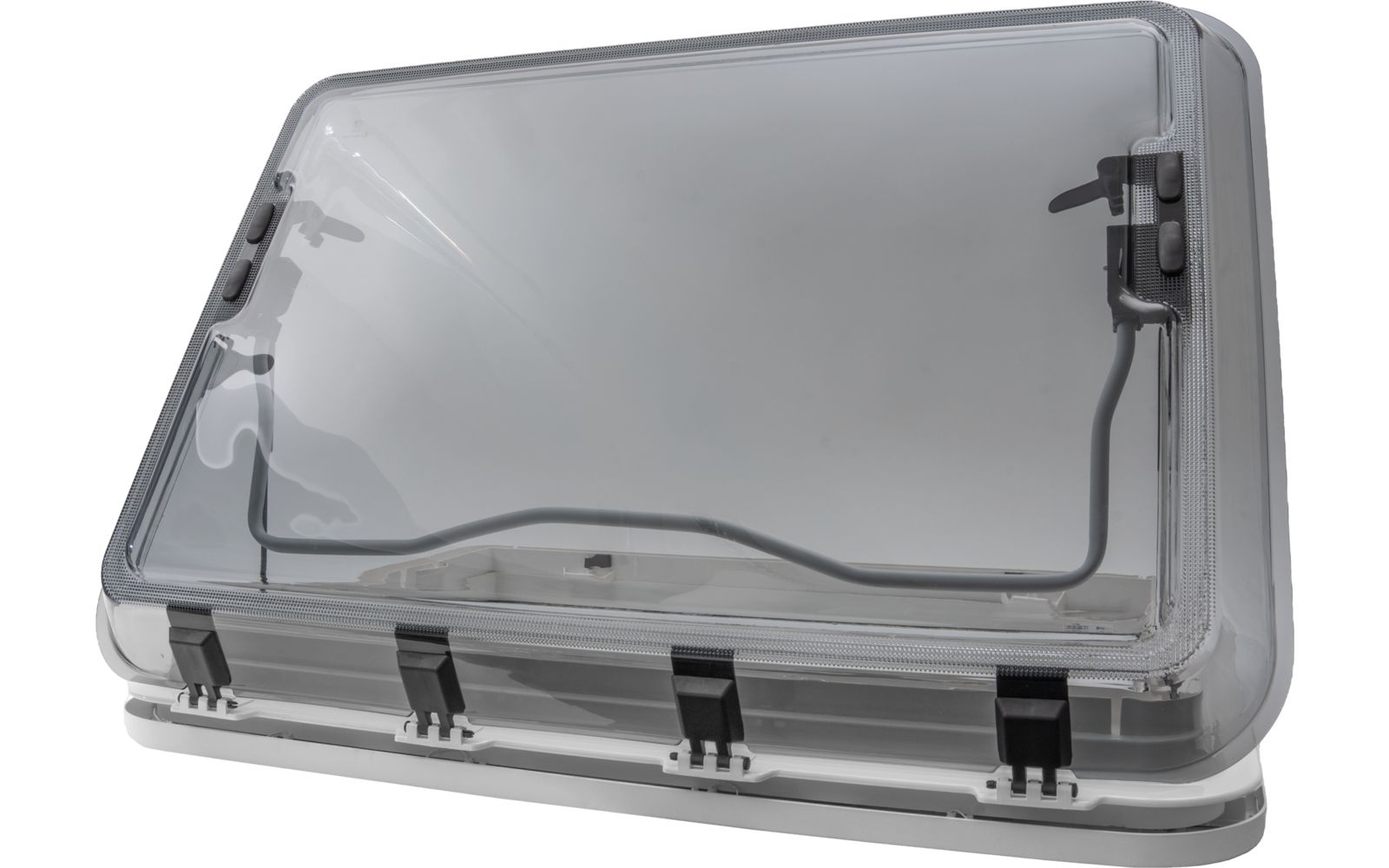 Transparent rectangular cover with curved clear window, gray cable, black hinge and several black clips on a white frame