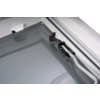 Close-up of a gray glass panel in a white metal frame with a black plastic clip with a red button and two white cables
