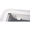 Rounded white frame with perforated surface, round button at the top, small sticker with symbols and text, transparent window showing interior and triangular white inner component