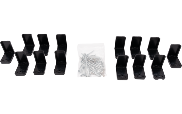 Several black L-shaped brackets and a clear plastic bag with silver screws