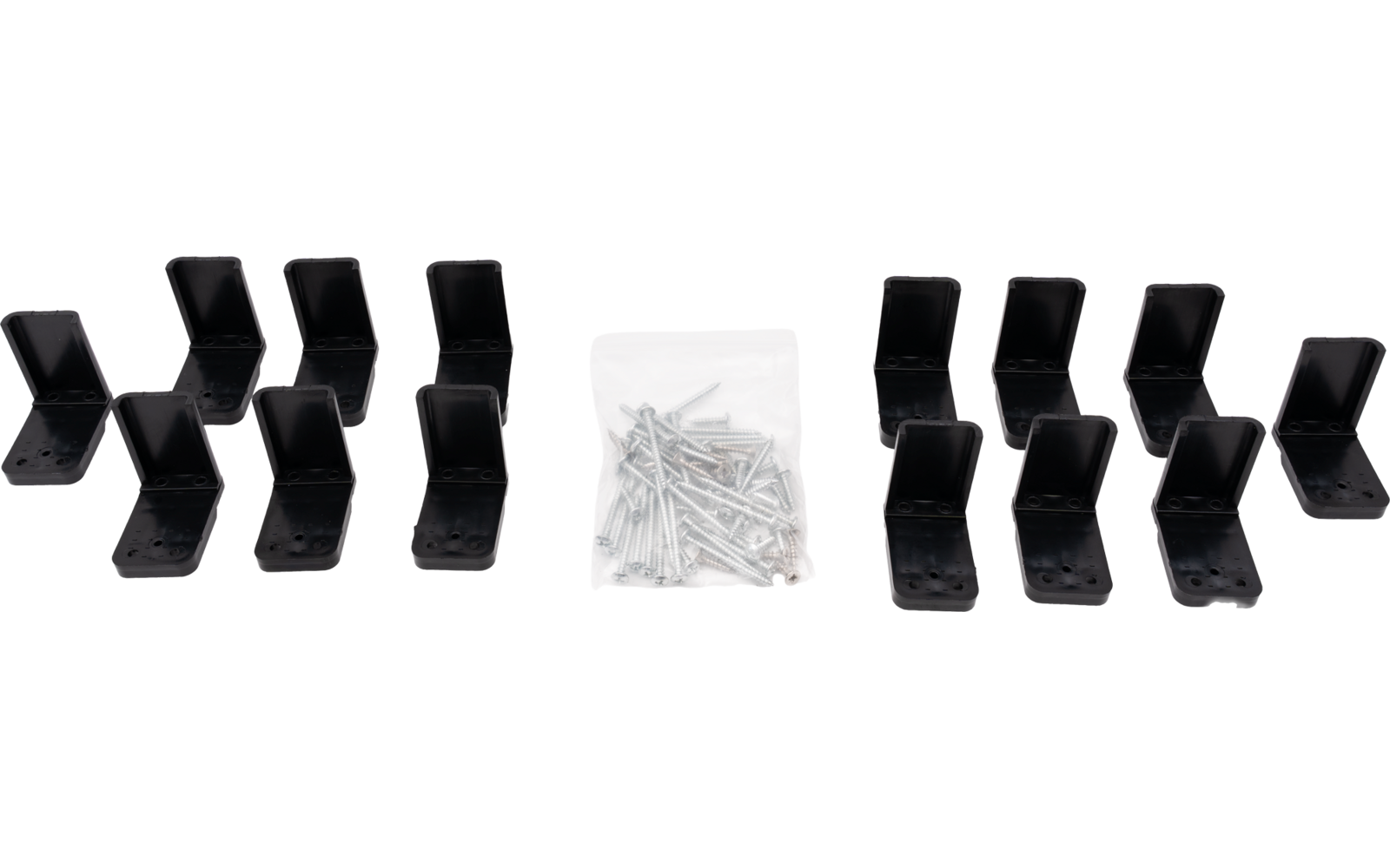 Several black L-shaped brackets and a clear plastic bag with silver screws