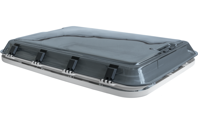 Closed rectangular lightly tinted plastic hatch on a gray frame with several black clips on a white background