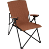 Folding chair with brown quilted cover, padded armrests and black metal frame