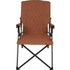 Brown padded chair with quilted pattern, armrests and black metal frame with X-shaped legs