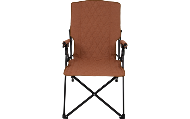 Brown padded chair with quilted pattern, armrests and black metal frame with X-shaped legs