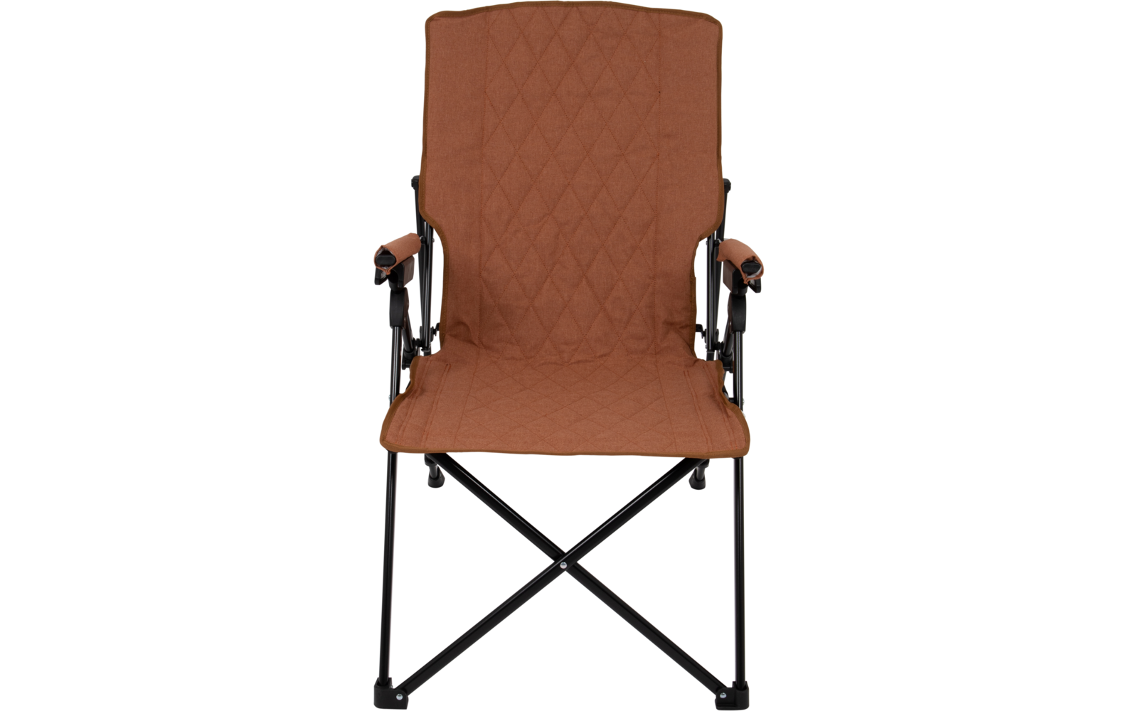 Brown padded chair with quilted pattern, armrests and black metal frame with X-shaped legs