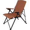 Brown quilted folding chair with black metal frame and padded armrests