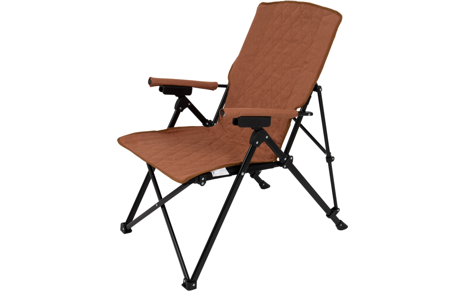 Brown quilted folding chair with black metal frame and padded armrests