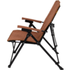 Side view of a chair with brown upholstery, black metal frame and two armrests