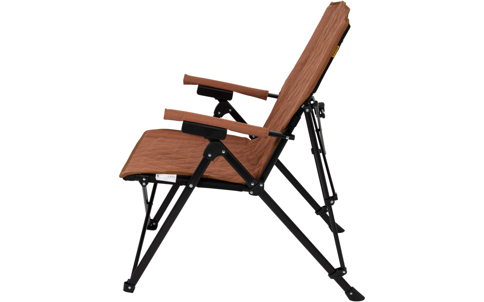 Side view of a chair with brown upholstery, black metal frame and two armrests
