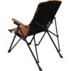 Folding chair with black metal frame and brown fabric seat and back, view from rear right