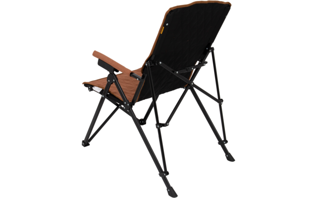 Folding chair with black metal frame and brown fabric seat and back, view from rear right