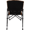 Rear view of a chair with black quilted upholstery, brown side panels and a black metal frame with crossed support bars and four legs with rubber feet