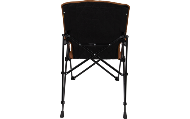 Rear view of a chair with black quilted upholstery, brown side panels and a black metal frame with crossed support bars and four legs with rubber feet