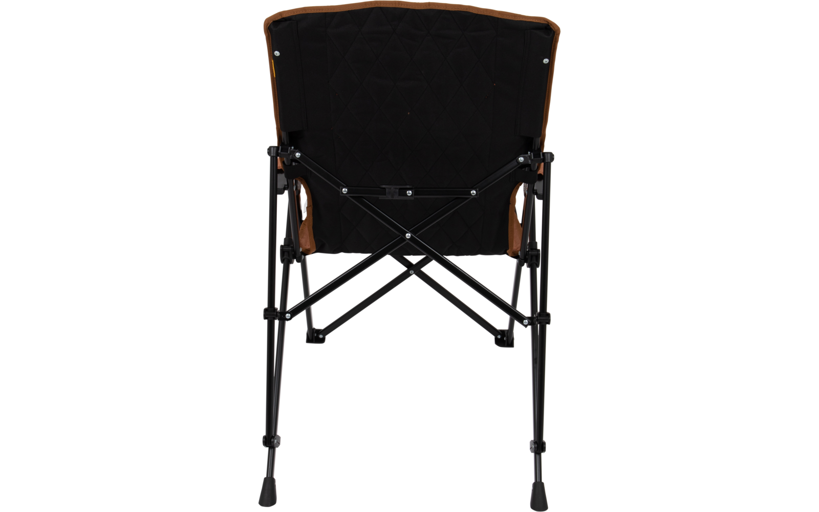 Rear view of a chair with black quilted upholstery, brown side panels and a black metal frame with crossed support bars and four legs with rubber feet