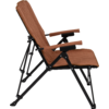 Side view of a chair with brown seat and back cushions, black metal frame and padded armrests