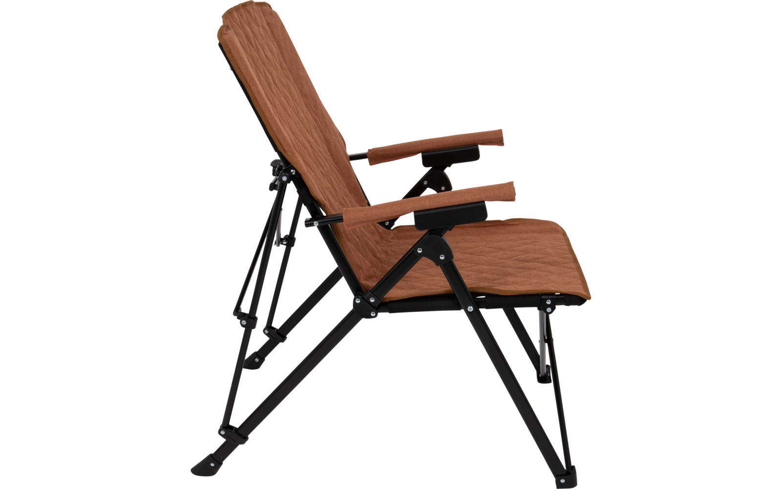 Side view of a chair with brown seat and back cushions, black metal frame and padded armrests
