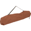 Brown cylindrical fabric carrying bag with a strap and drawstring closure on a white background