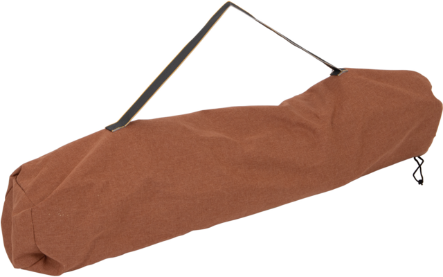Brown cylindrical fabric carrying bag with a strap and drawstring closure on a white background