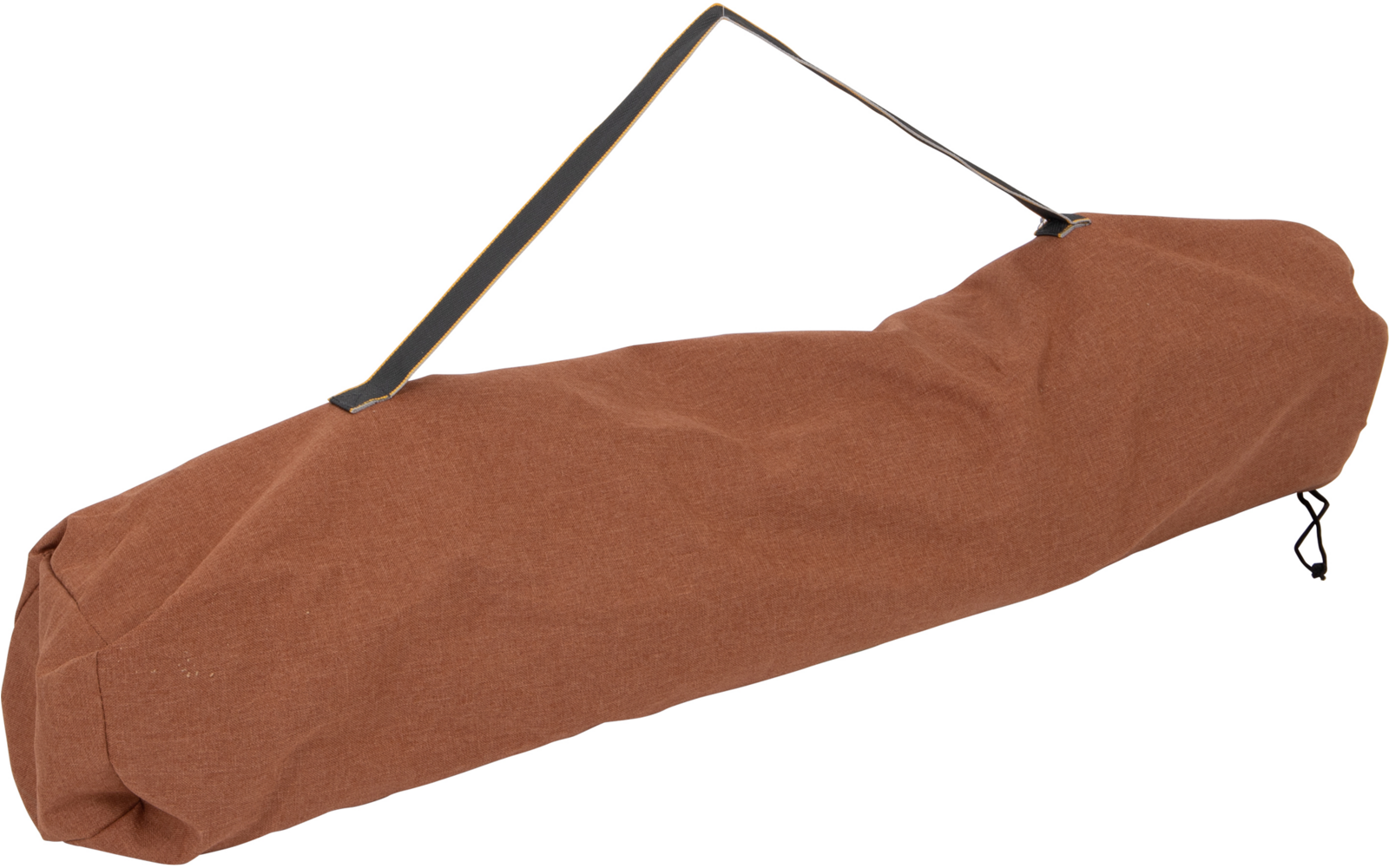 Brown cylindrical fabric carrying bag with a strap and drawstring closure on a white background