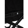 Black quilted fabric, black metal crossbars in X shape with visible silver rivets, black plastic connector, white area at bottom