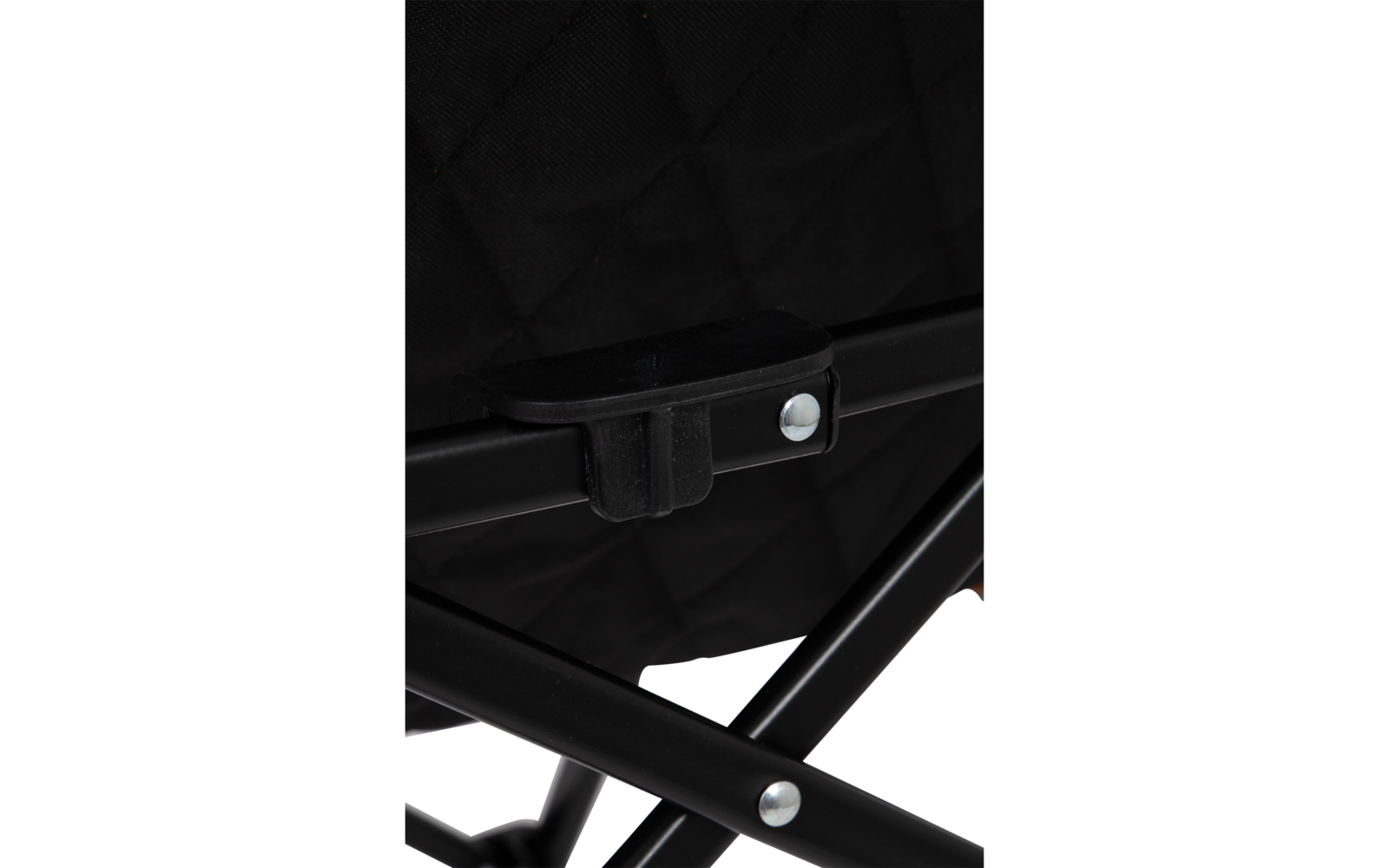 Black quilted fabric, black metal crossbars in X shape with visible silver rivets, black plastic connector, white area at bottom