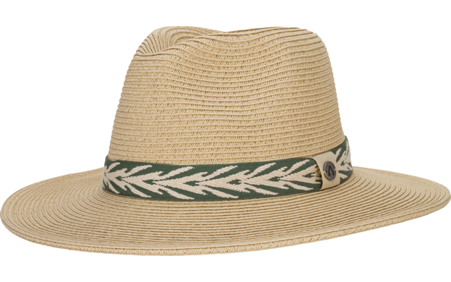 Chapeau en paille beige à large bord, bandeau vert et blanc à motif et petit bouton métallique sur le côté