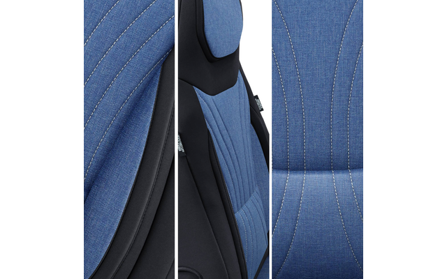 Drei vertikale Nahaufnahmen einer blauen Stoffpolsterung mit weißen Ziernähten und schwarzen Seitenpolstern