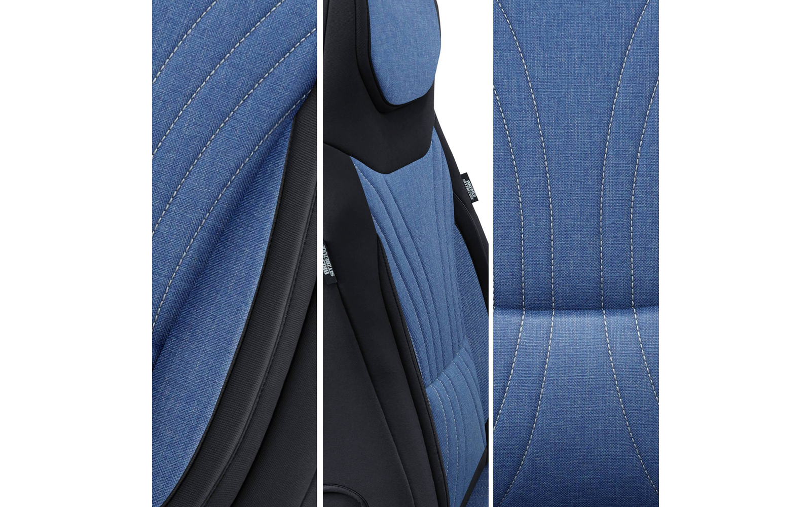 Drei vertikale Nahaufnahmen einer blauen Stoffpolsterung mit weißen Ziernähten und schwarzen Seitenpolstern