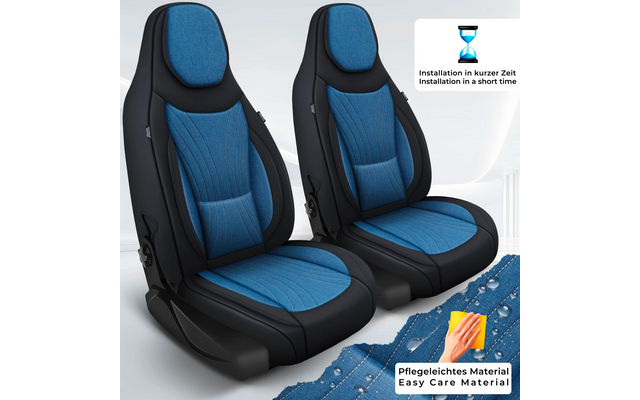 Zwei Autositze mit blauen Stoffeinlagen und schwarzen Seitenteilen, integrierte Kopfstützen; oben rechts eine Grafik mit Sanduhr und Text, unten rechts eine Hand, die blaues Material abwischt