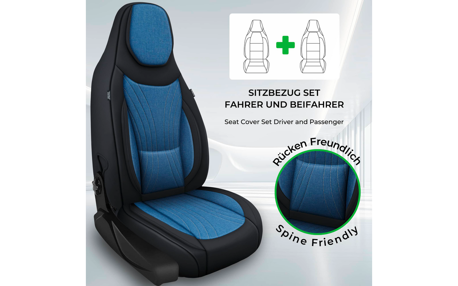 Schwarzer Autositz mit blauen Stoffeinsätzen und sichtbaren Nähten; oben rechts Piktogramm zweier Sitze mit Pluszeichen und Text 'SITZBEZUG SET FAHRER UND BEIFAHER' sowie englische Übersetzung; rundes Nahbild mit grünem Rand zeigt blauen Stoff und Te