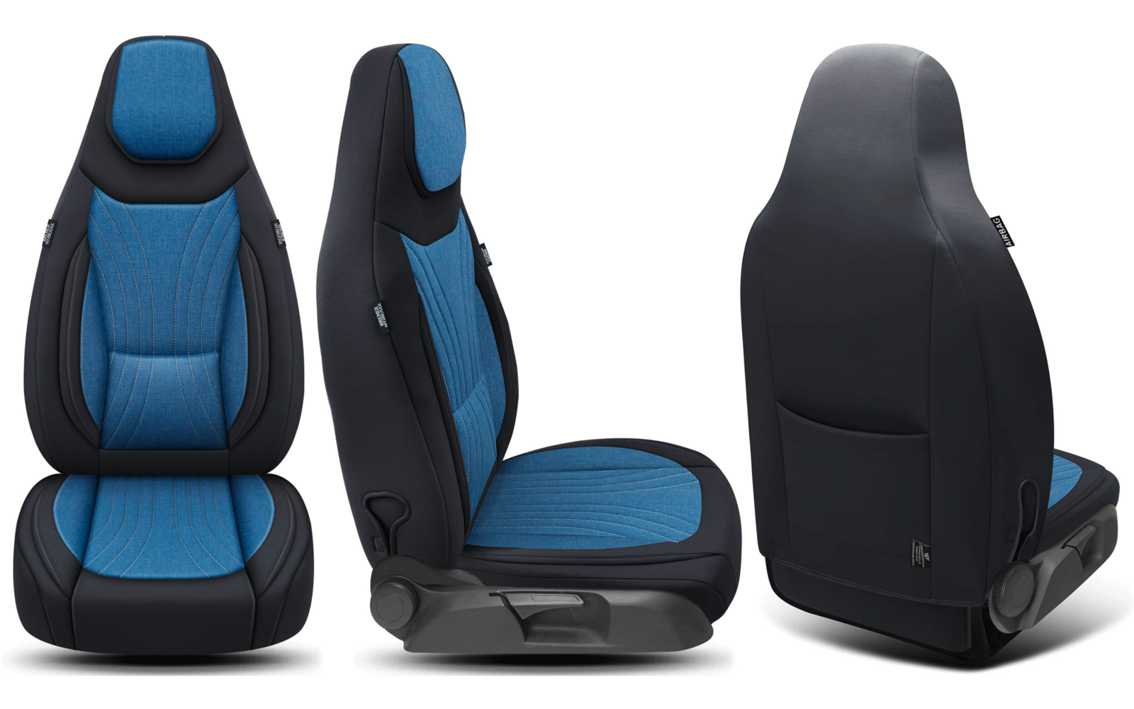 Drei Ansichten eines Autositzes: Vorder-, Seiten- und Rückansicht; blau gepolsterte Sitzfläche und Rückenlehne, schwarzer Bezug, Rückentasche und Verstellhebel
