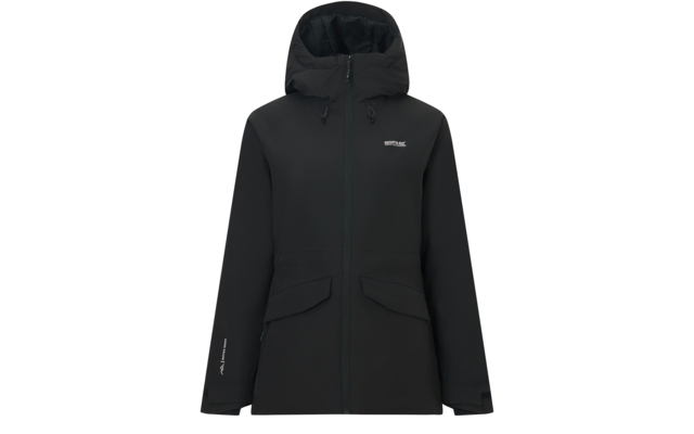 Black hooded jacket with full-length zipper, two front flap pockets, hood with drawcords and small white logo on the chest