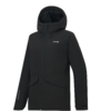 Black hooded jacket with front zipper, two flap patch pockets, white logo on left chest and small white text on left sleeve