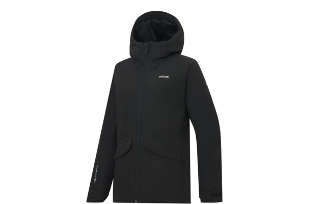 Black hooded jacket with front zipper, two flap patch pockets, white logo on left chest and small white text on left sleeve