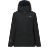 Black hooded jacket with full-length zipper, two front flap pockets, hood with drawcords and small white logo on the chest