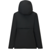 Back view of a black hooded jacket with long sleeves and a horizontal back flap