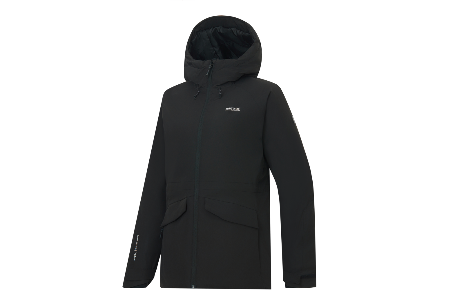 Black hooded jacket with front zipper, two flap patch pockets, white logo on left chest and small white text on left sleeve