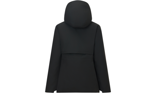 Back view of a black hooded jacket with long sleeves and a horizontal back flap