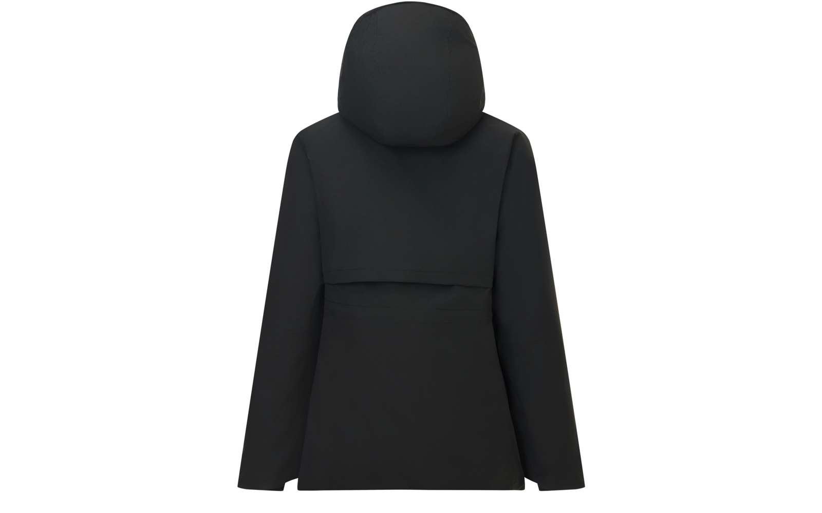 Back view of a black hooded jacket with long sleeves and a horizontal back flap