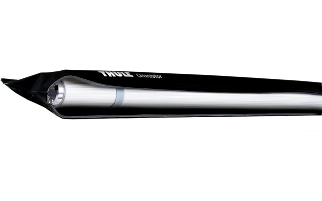 Längliches silbernes Metallprofil mit schwarzer Kunststoffummantelung und weißer Aufschrift 'Thule'