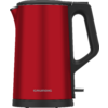 Rode waterkoker met zwarte handgreep, schenktuit, deksel, schakelaar en 'Grundig'-logo op witte achtergrond
