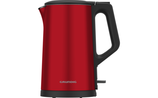 Rode waterkoker met zwarte handgreep, schenktuit, deksel, schakelaar en 'Grundig'-logo op witte achtergrond