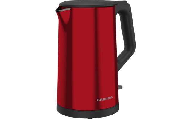 Rode waterkoker met zwarte handgreep en 'Grundig'-logo onderaan