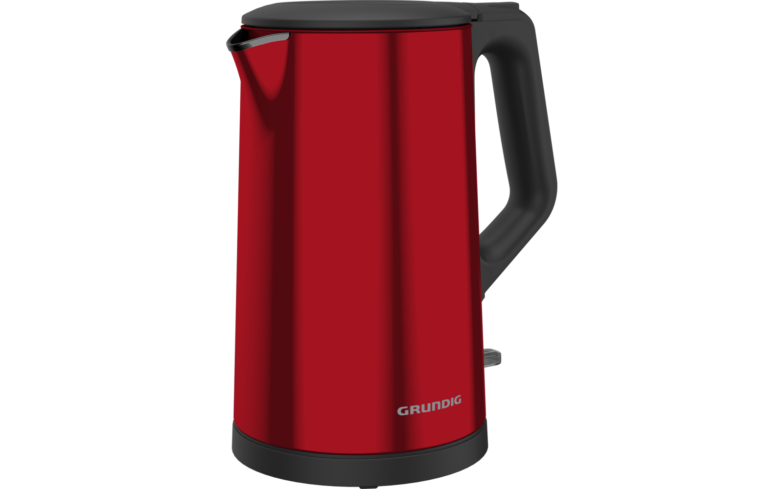 Rode waterkoker met zwarte handgreep en 'Grundig'-logo onderaan