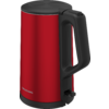 Rode waterkoker met zwart handvat en deksel, 'Grundig'-logo aan de voorkant, schakelaar bij de basis