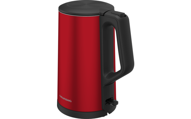 Rode waterkoker met zwart handvat en deksel, 'Grundig'-logo aan de voorkant, schakelaar bij de basis