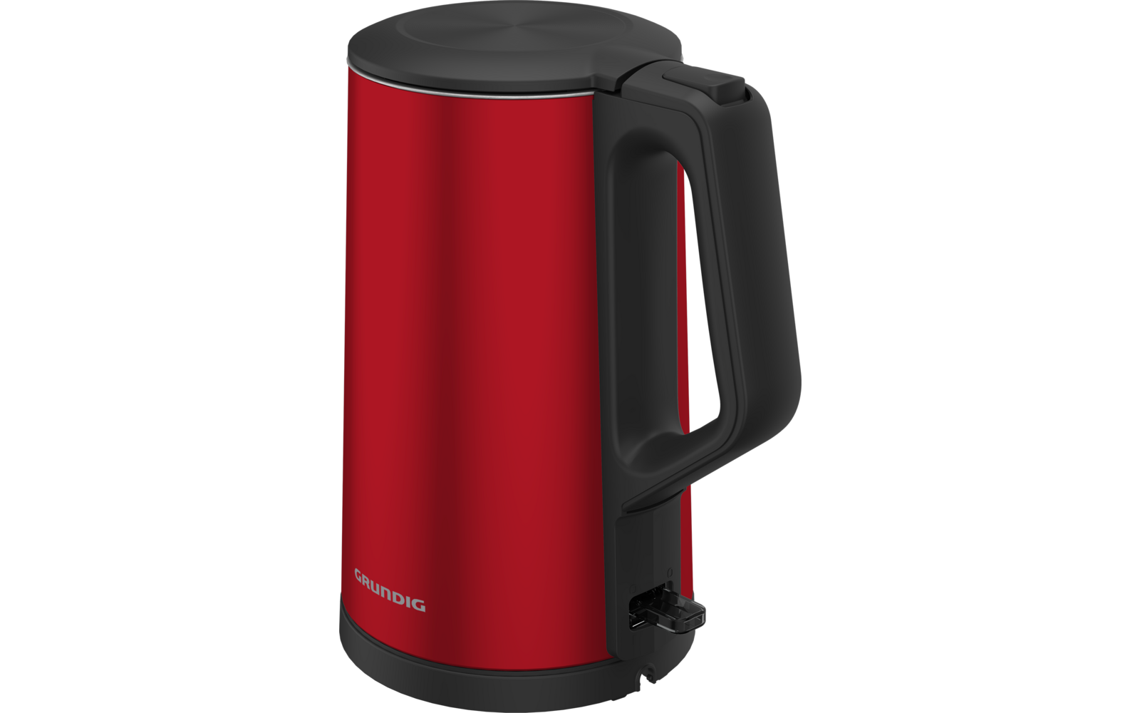 Rode waterkoker met zwart handvat en deksel, 'Grundig'-logo aan de voorkant, schakelaar bij de basis