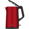 Rode waterkoker met open deksel, zwarte handgreep, zichtbare zilverkleurige binnenrand en Grundig-logo