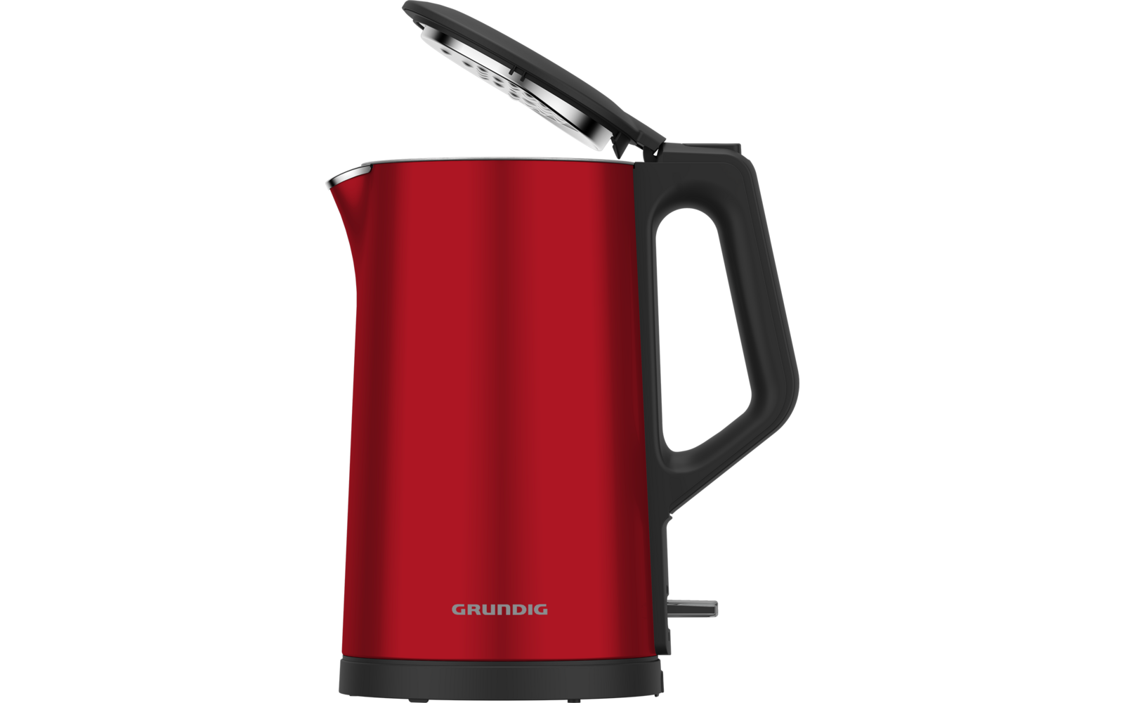Rode waterkoker met open deksel, zwarte handgreep, zichtbare zilverkleurige binnenrand en Grundig-logo